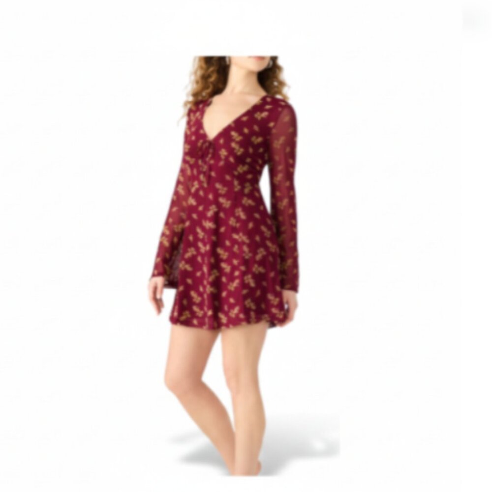 Betsey Johnson Women’s Babydoll Mini Dress XL Burgundy Floral Long Sleeve NWT